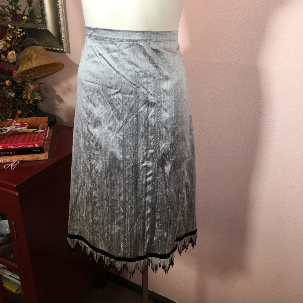 Vintage 1990 Y2K Unique Art deco Raw Silk Beaded Fringe Midi Formal Skirt - Picture 5 of 17